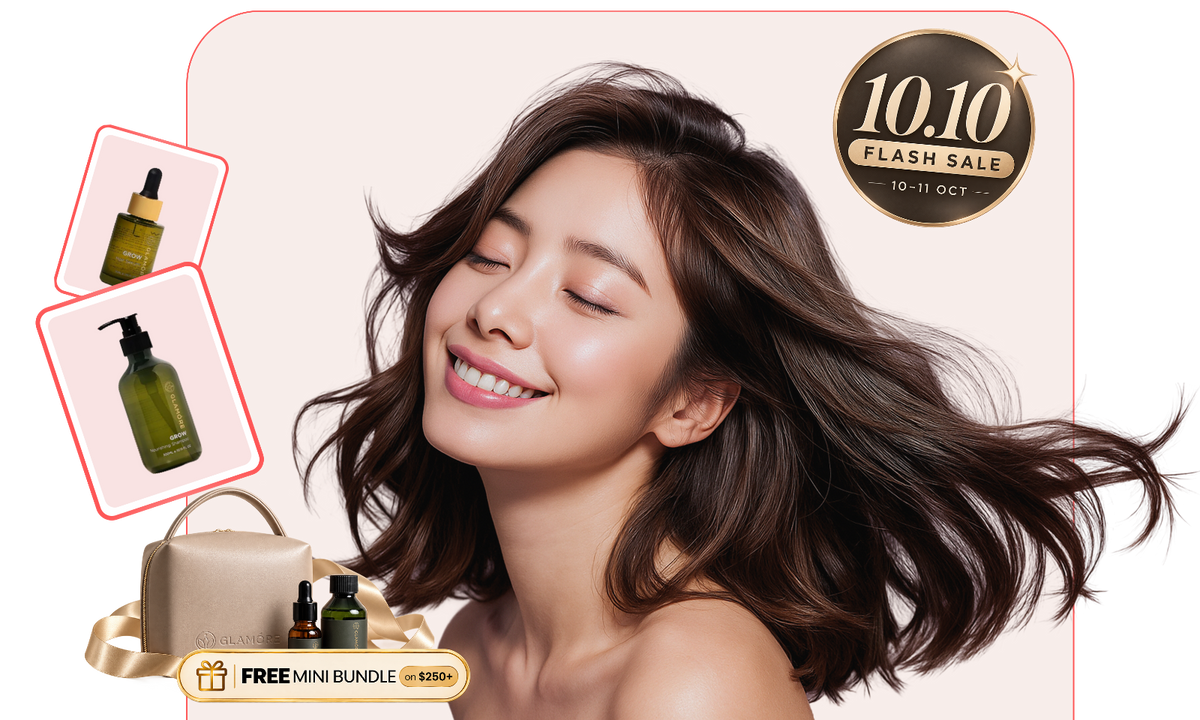 A promotional beauty ad featuring a smiling woman with flowing brown hair, with inset product photos of skincare bottles and a free mini bundle bag. A gold '10.