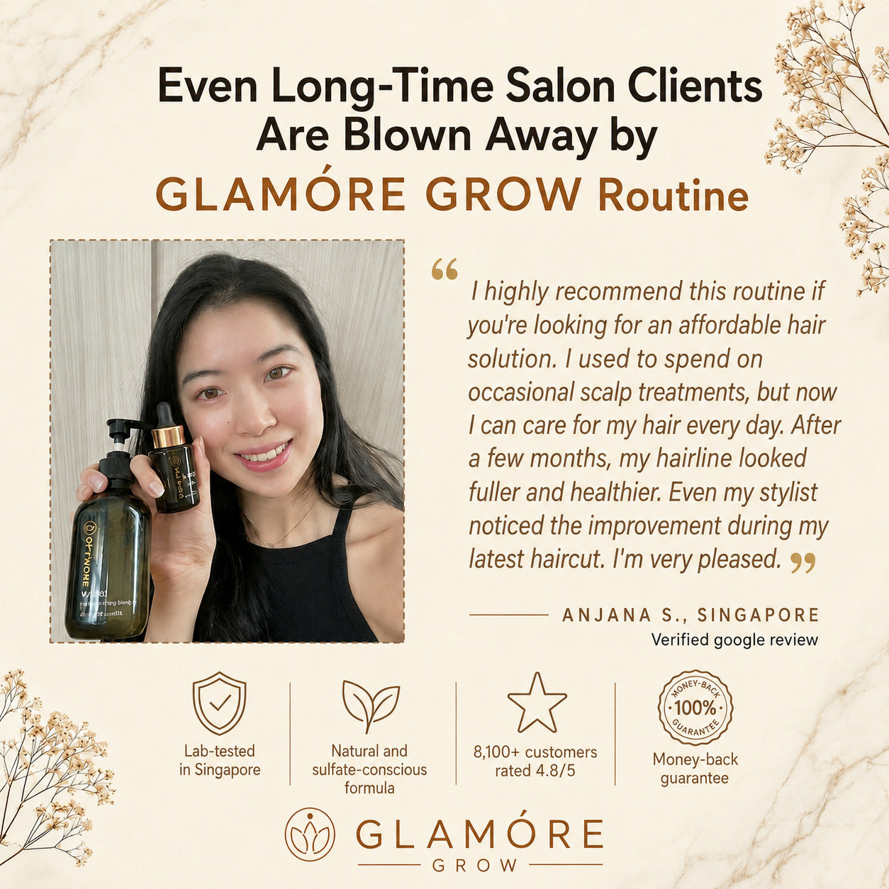 Advertisement for Glamore Grow hair care routine with a woman holding hair products and a quote from a satisfied customer.