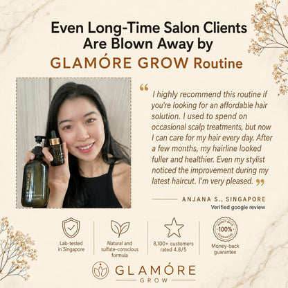 Advertisement for Glamore Grow hair care routine with a woman holding hair products and a quote from a satisfied customer.