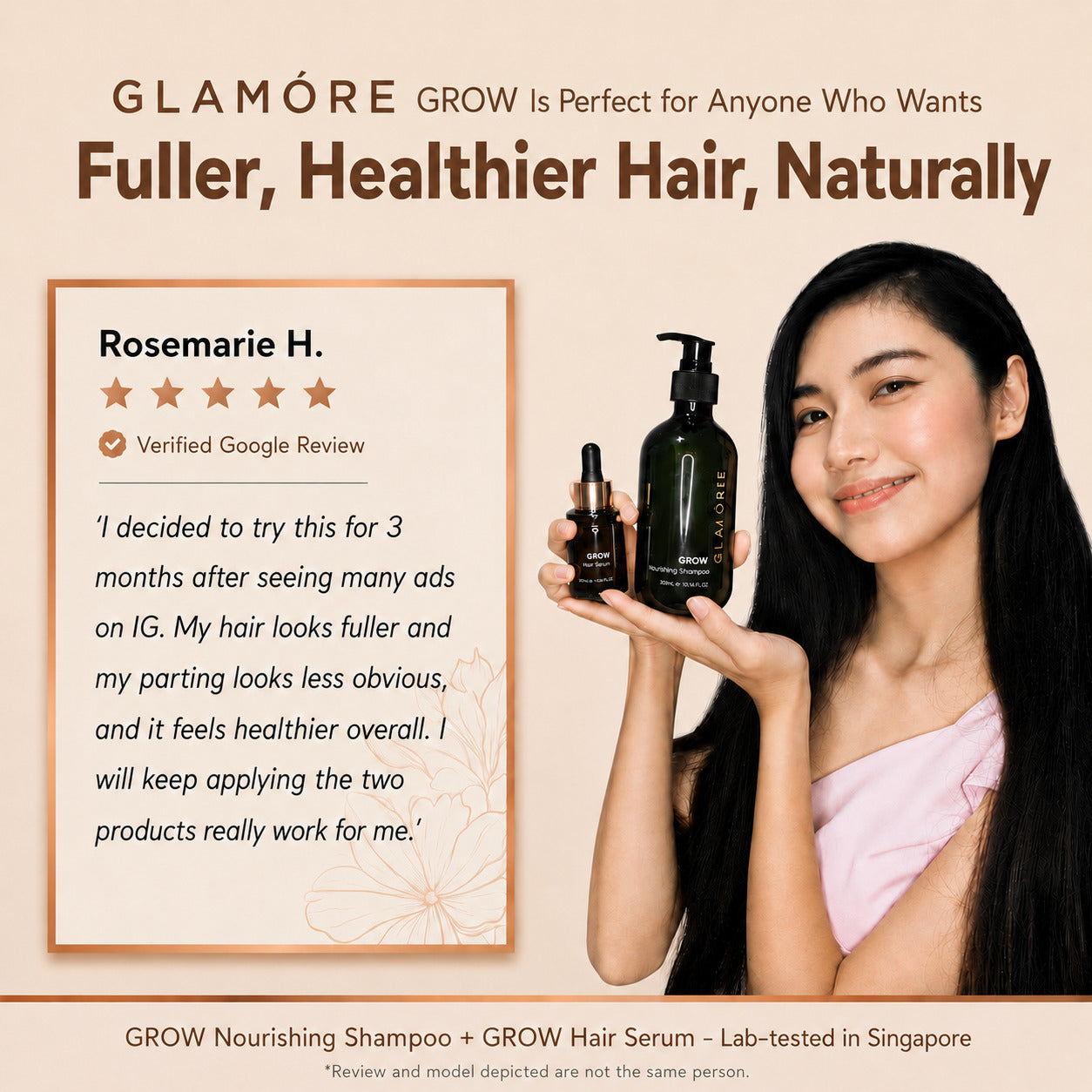Woman holding Glamore hair care products with a customer review on a beige background