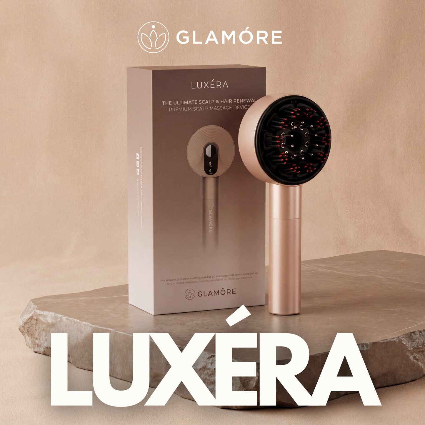 Glamore Luxera scalp massager and packaging on a beige background