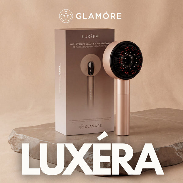 Glamore Luxera scalp massager and packaging on a beige background