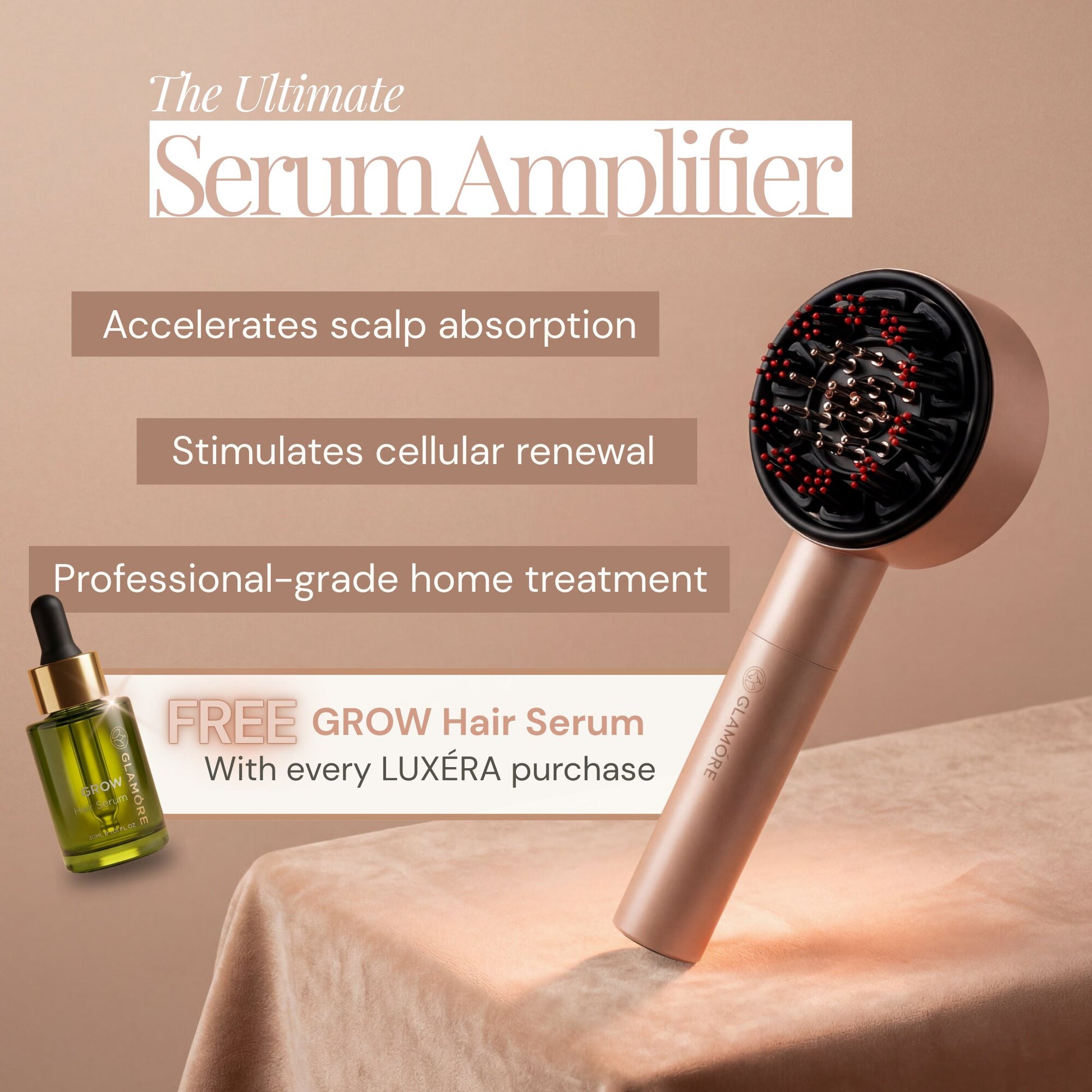 LUXÉRA Serum Amplifier hair treatment device in a rose gold finish with a black rotating brush head, shown on draped satin fabric with promotional text and a small bottle of free hair serum.