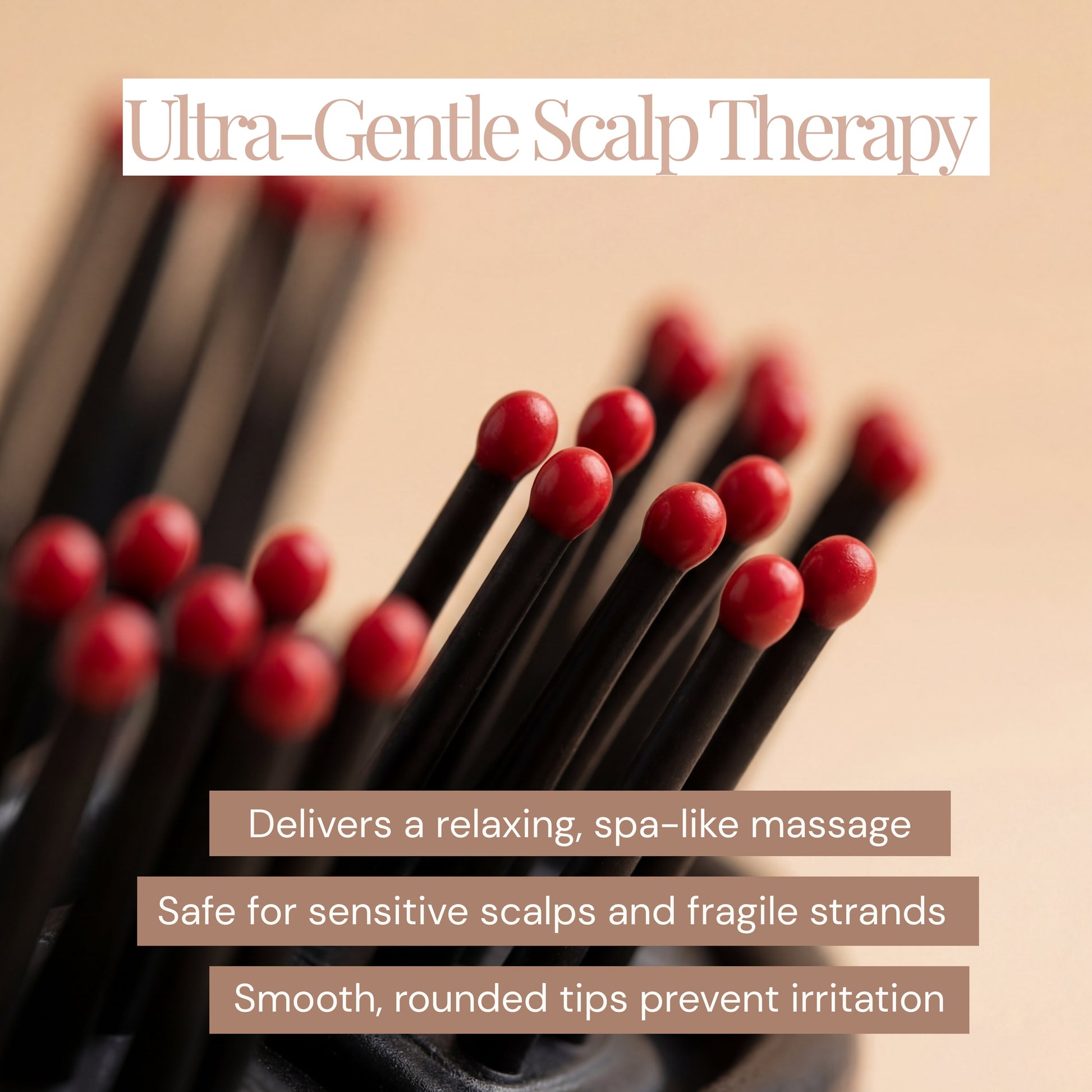 Close-up of hairbrush bristles with text about ultra-gentle scalp therapy.