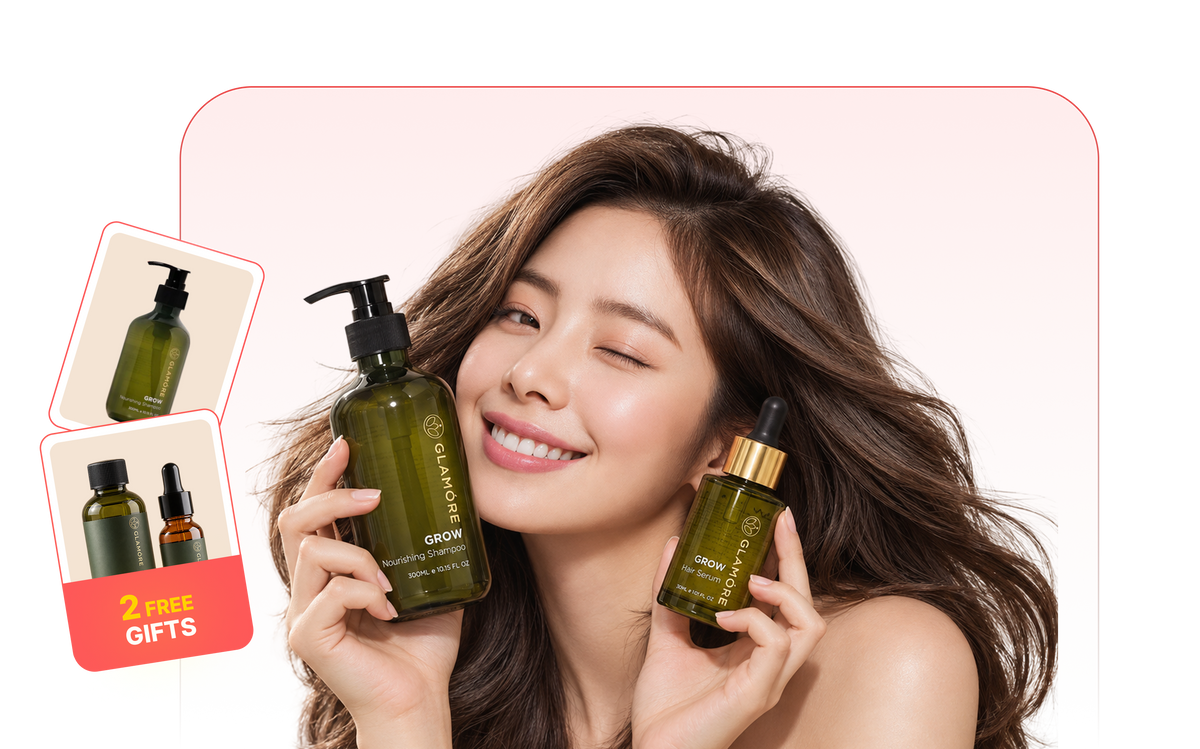 A smiling woman with long brown hair holds two green skincare bottles from the brand GROW. One bottle has a black pump, and the other has a gold-accented dropper cap.