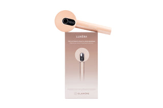 LUXÉRA scalp massager device and premium Glamore box shown standing upright.