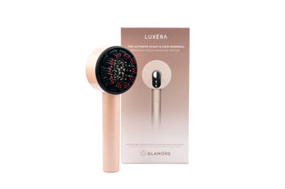 LUXÉRA premium red light scalp massager with its luxury retail packaging by Glamore.
