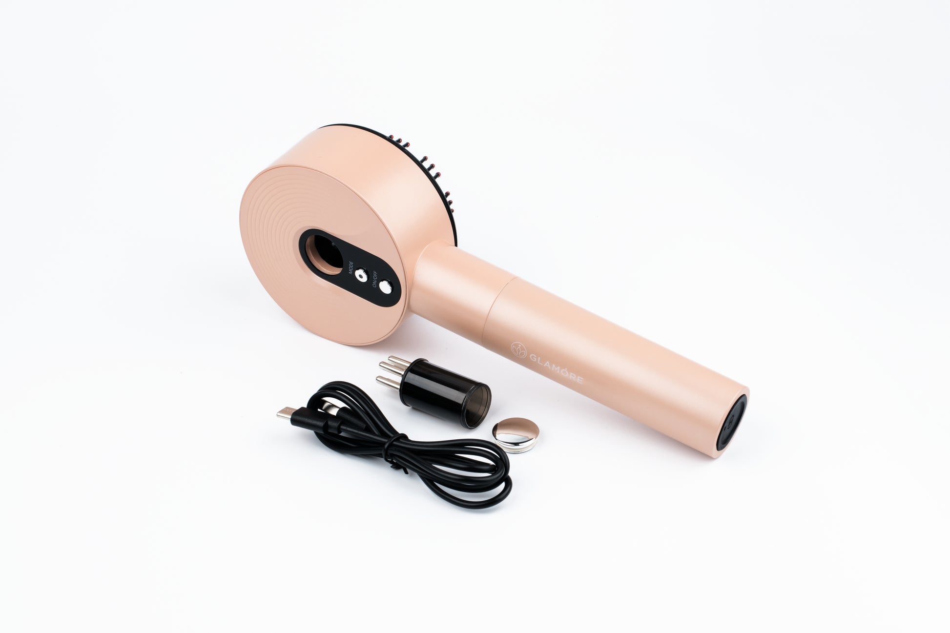 LUXÉRA premium scalp massager shown with included USB charging cable.