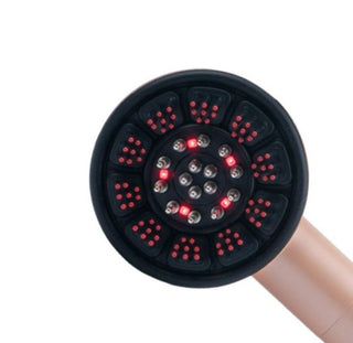 Black handheld device with red LED lights on a white background