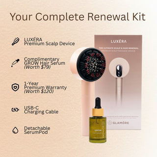 Luxera scalp device with hair serum and packaging on a white background