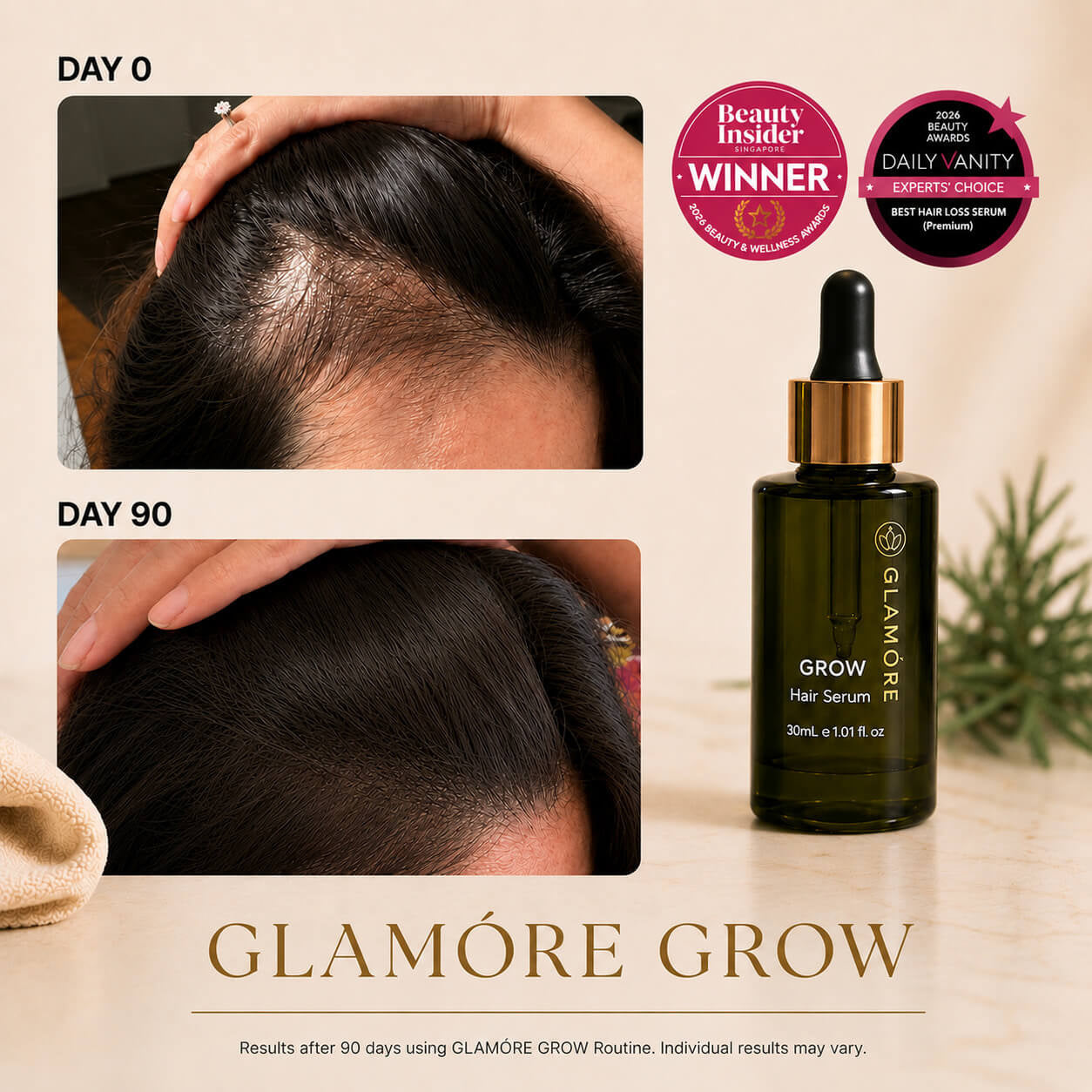 Glamóre Grow Hair Serum bottle shown beside before-and-after scalp photos demonstrating hair growth over 90 days. The image includes Beauty Insider and Daily Anity award badges at the top right.