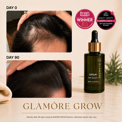 Glamóre Grow Hair Serum bottle shown beside before-and-after scalp photos demonstrating hair growth over 90 days. The image includes Beauty Insider and Daily Anity award badges at the top right.