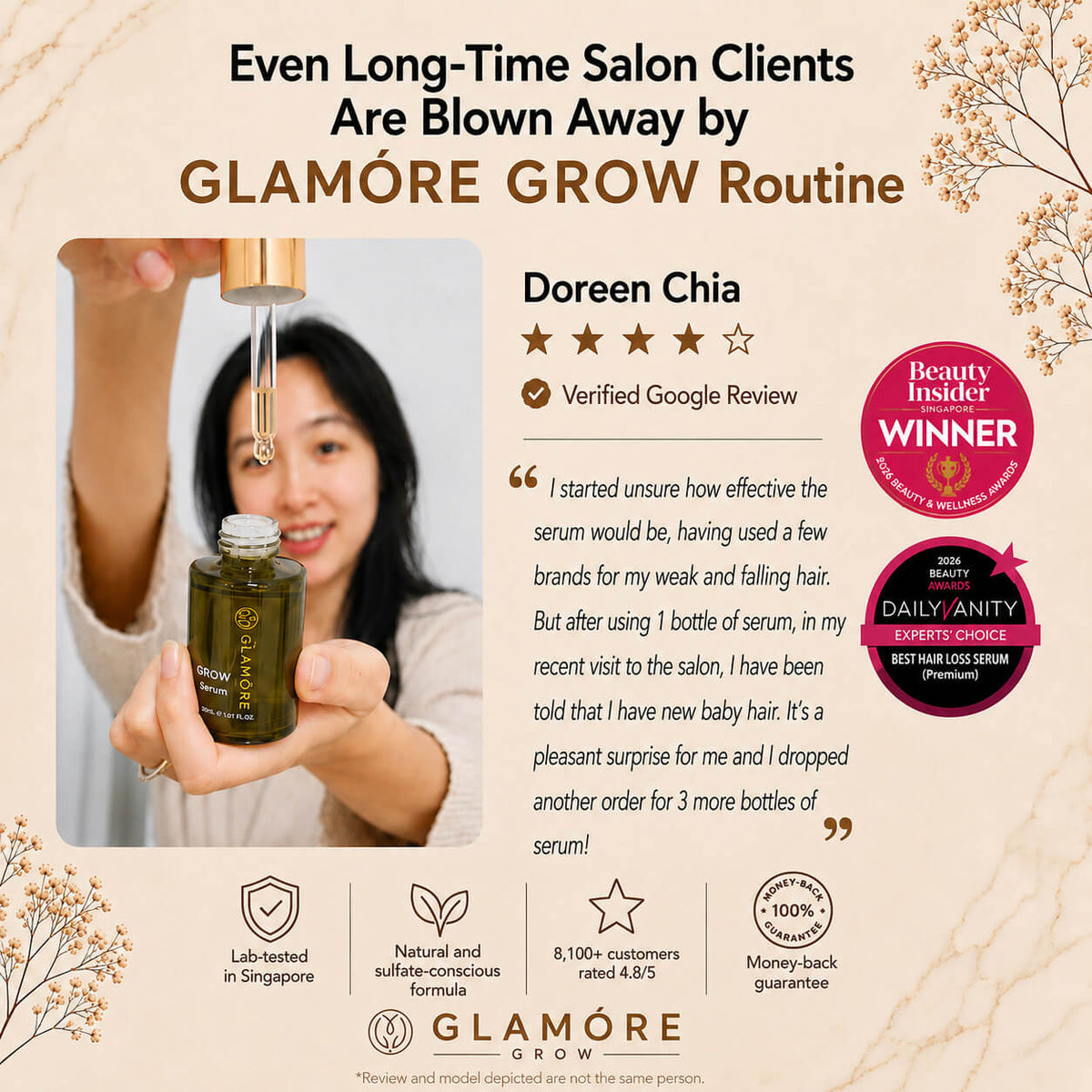 Promotional graphic for GLAMÓRE GROW Routine hair serum, featuring a testimonial from Doreen Chia with a photo of her holding the serum bottle and dropper. The graphic includes product benefits icons, award badges, and a beige background with botanical illustrations.