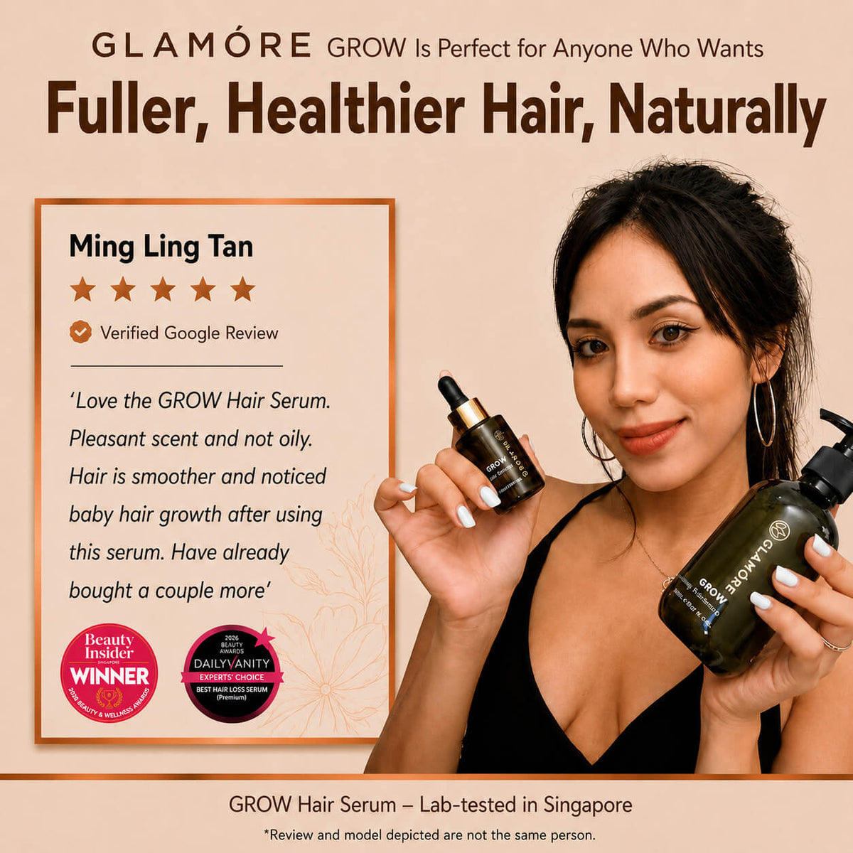 Promotional graphic for Glamóre Grow Hair Serum featuring a woman holding two dark green bottles, one dropper bottle and one pump bottle. The left side includes a customer review section with a star rating, quote, and award badges on a beige background with dark brown text.