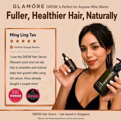 Promotional graphic for Glamóre Grow Hair Serum featuring a woman holding two dark green bottles, one dropper bottle and one pump bottle. The left side includes a customer review section with a star rating, quote, and award badges on a beige background with dark brown text.