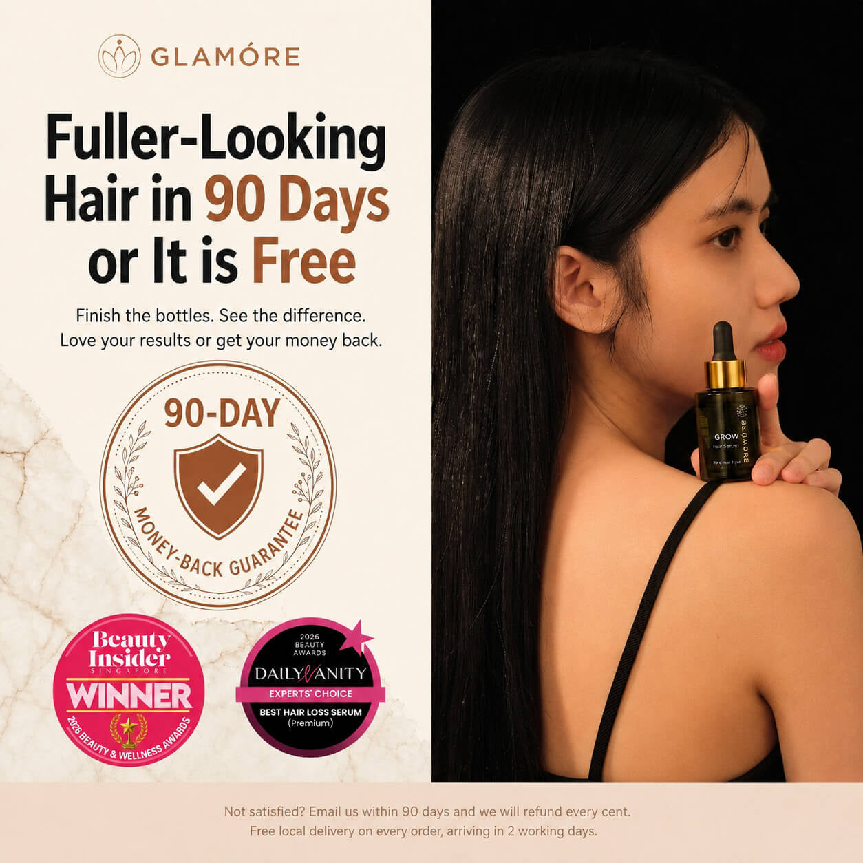 Glamor’e hair serum advertisement featuring a woman with long, straight black hair holding a black bottle with a gold cap against a black background. The left side has a cream-colored panel with promotional text, a 90-day money-back guarantee seal, and award badges.