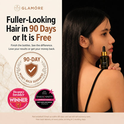 Glamor’e hair serum advertisement featuring a woman with long, straight black hair holding a black bottle with a gold cap against a black background. The left side has a cream-colored panel with promotional text, a 90-day money-back guarantee seal, and award badges.