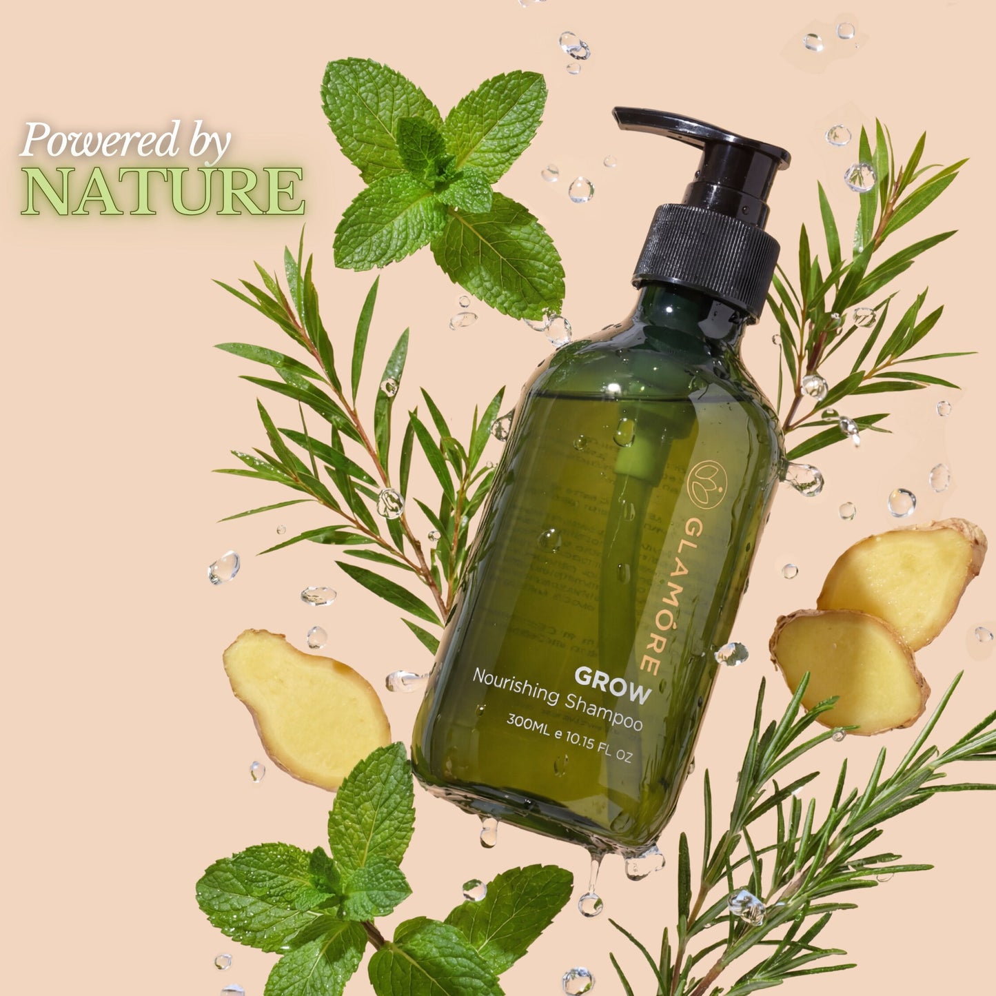 Green shampoo bottle with natural ingredients on a beige background