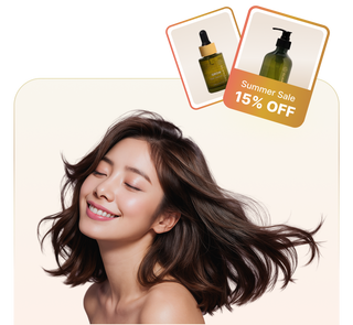 Woman with flowing hair and skincare products with a 'Summer Sale 15% OFF' label.